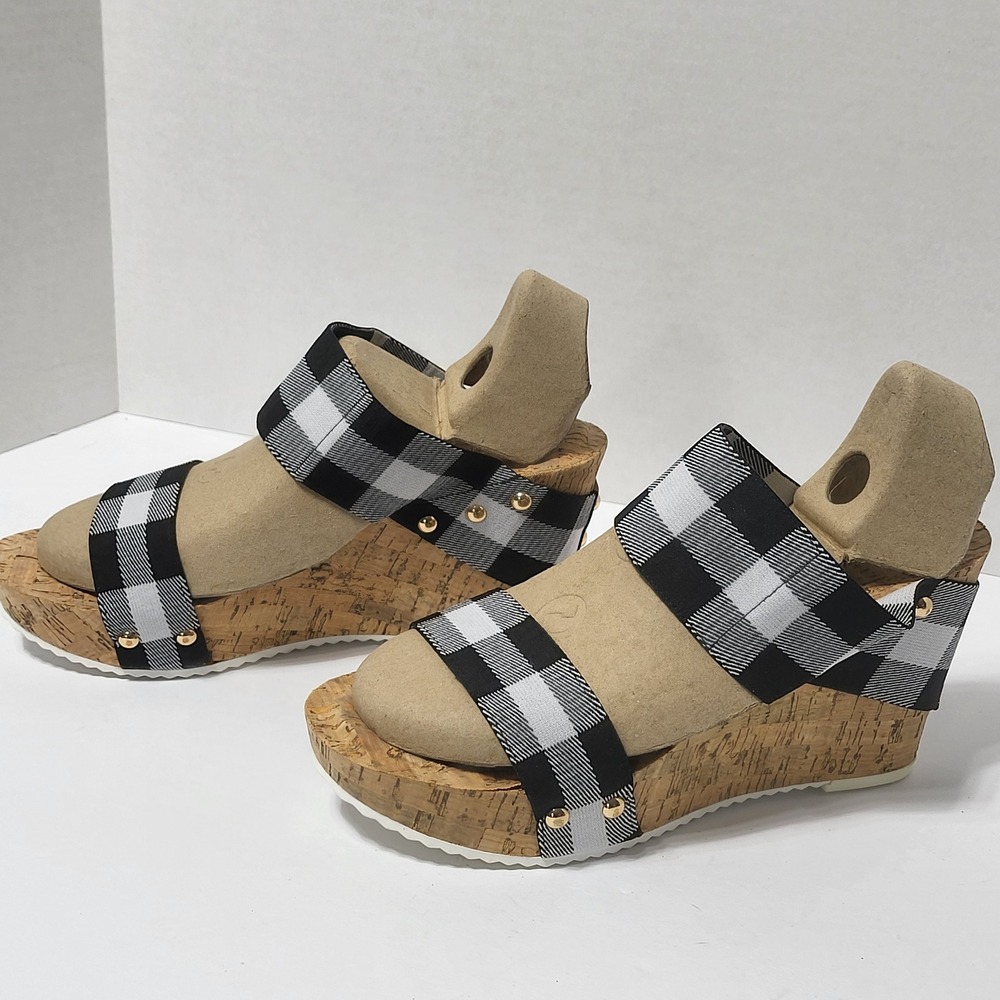 Comfort Est 1946 Womens Buffalo Plaid Cork Wedge Platform Sandals Black White 9 - Picture 3 of 10